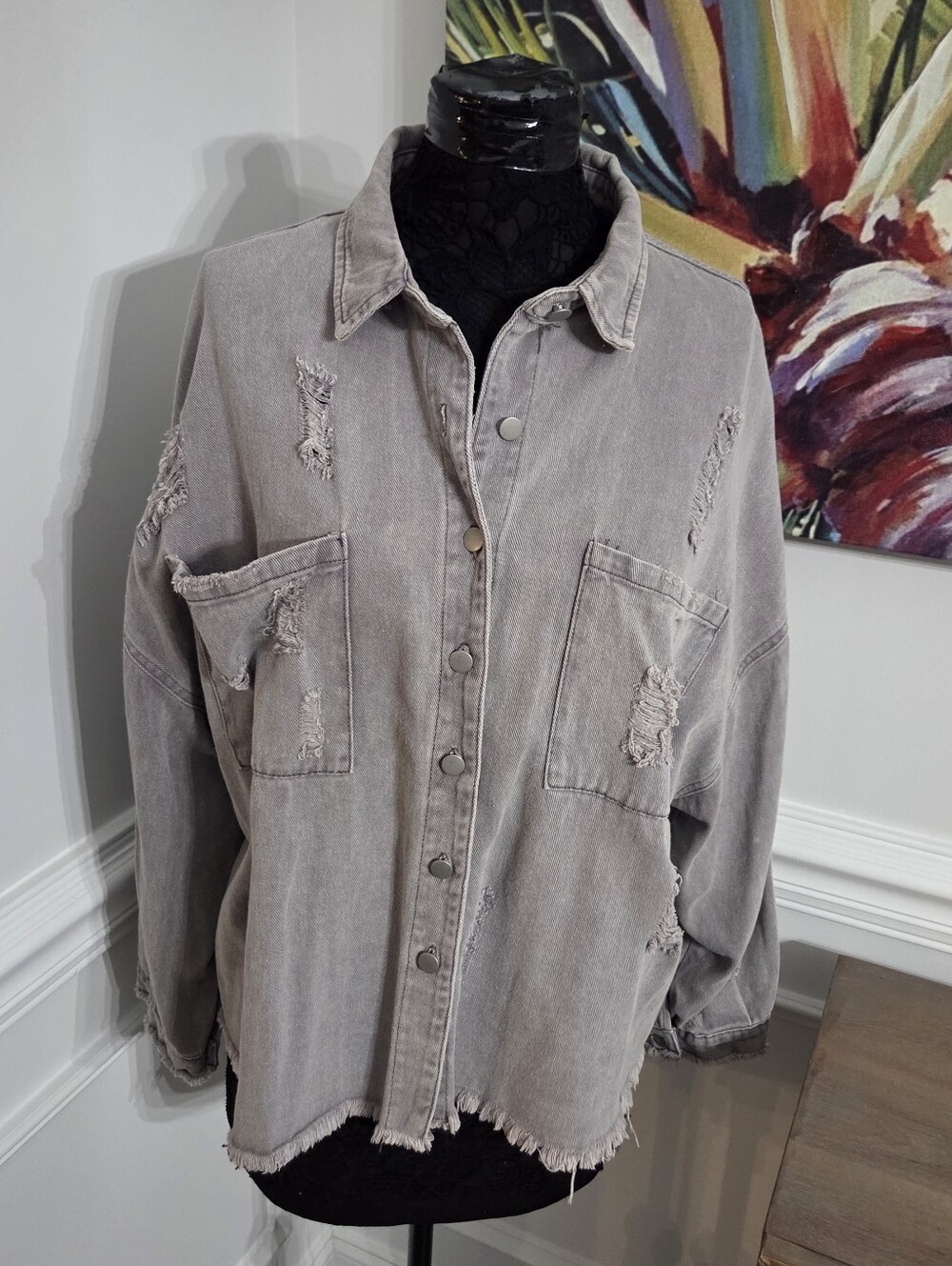 POL Distressed Denim Shacket Jacket Oversized Frayed Raw Hem Violet Gray Large